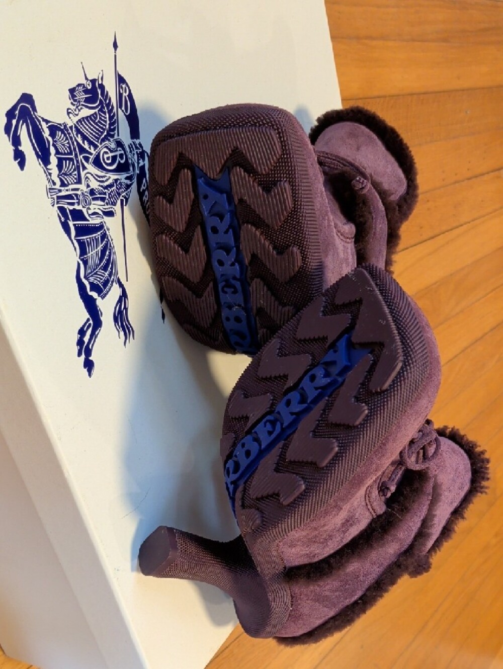 Burberry Dark Purple Suede Fur-Trim Heeled Booties - Picture 2 of 5